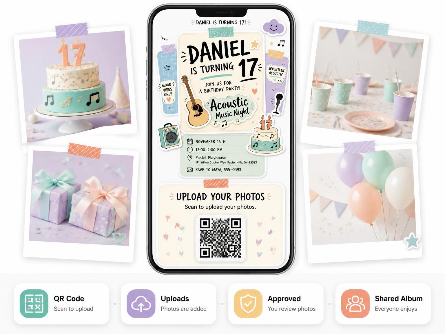 The shared photo gallery that comes with the Note Cards Pastel 17th Birthday Invitation invitation