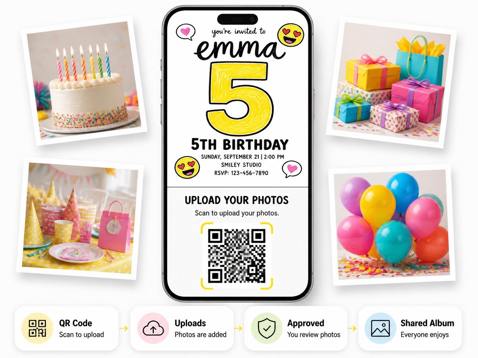 The shared photo gallery that comes with the Crayon Emoji Heart Birthday Invitation invitation