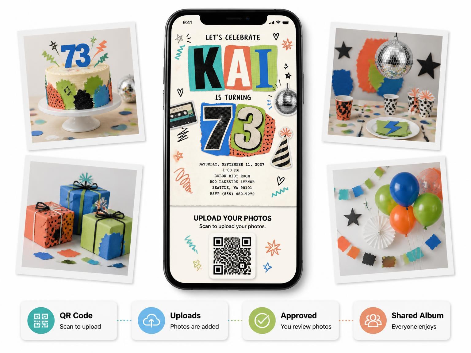 The shared photo gallery that comes with the Retro Paper Collage 73rd Birthday Invitation invitation