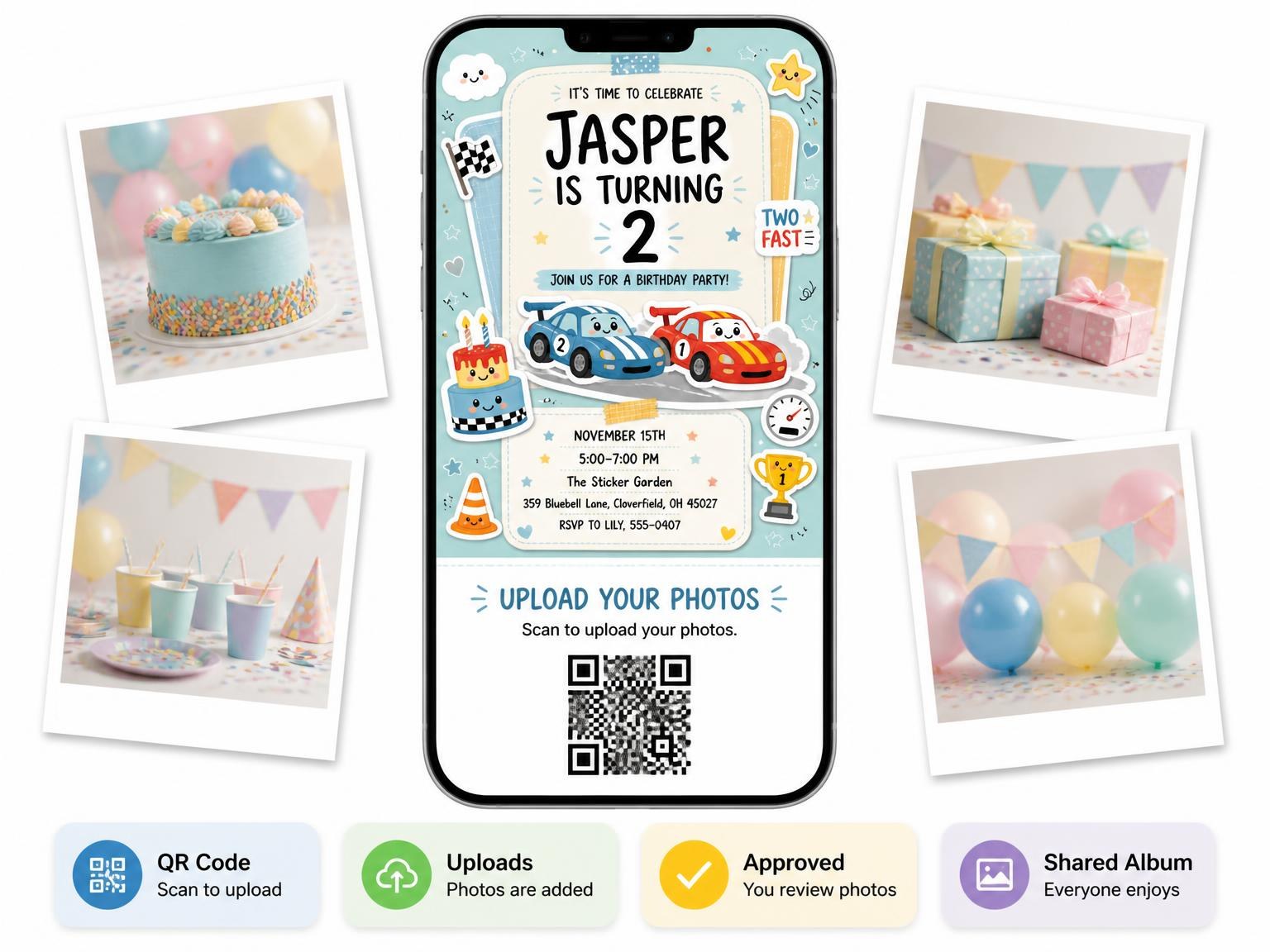 The shared photo gallery that comes with the Race Cars Pastel 2nd Birthday Invitation invitation