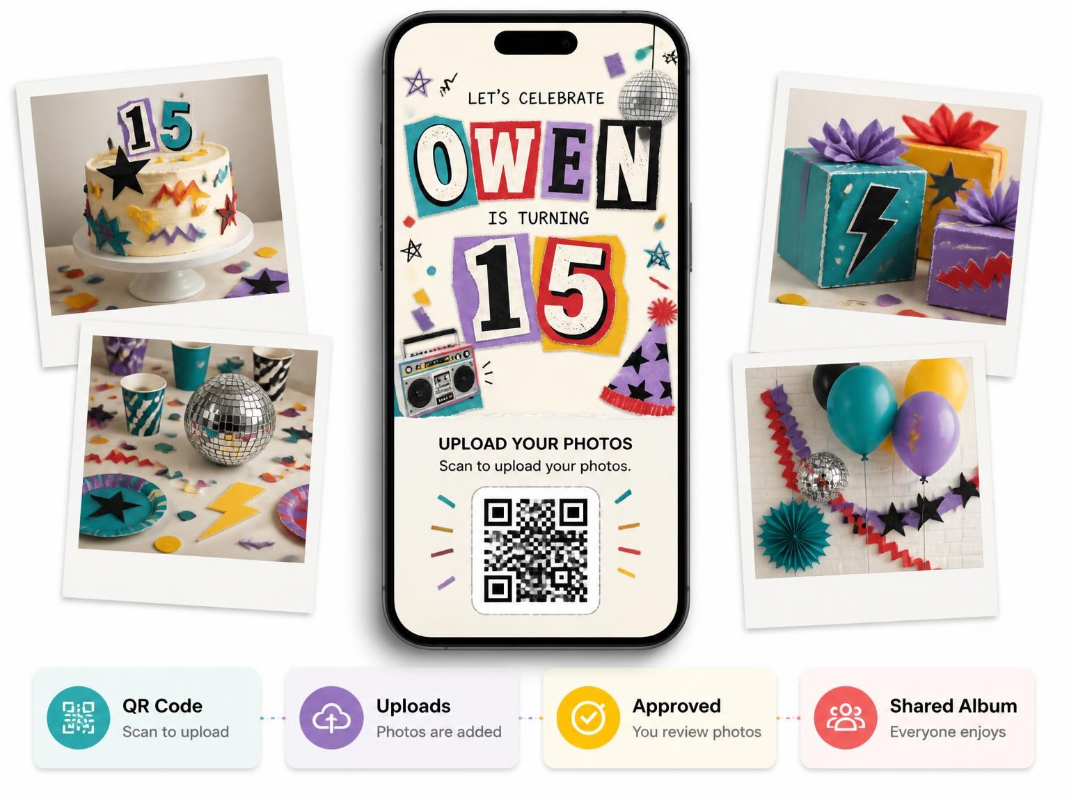 The shared photo gallery that comes with the Retro Paper Collage 15th Birthday Invitation invitation