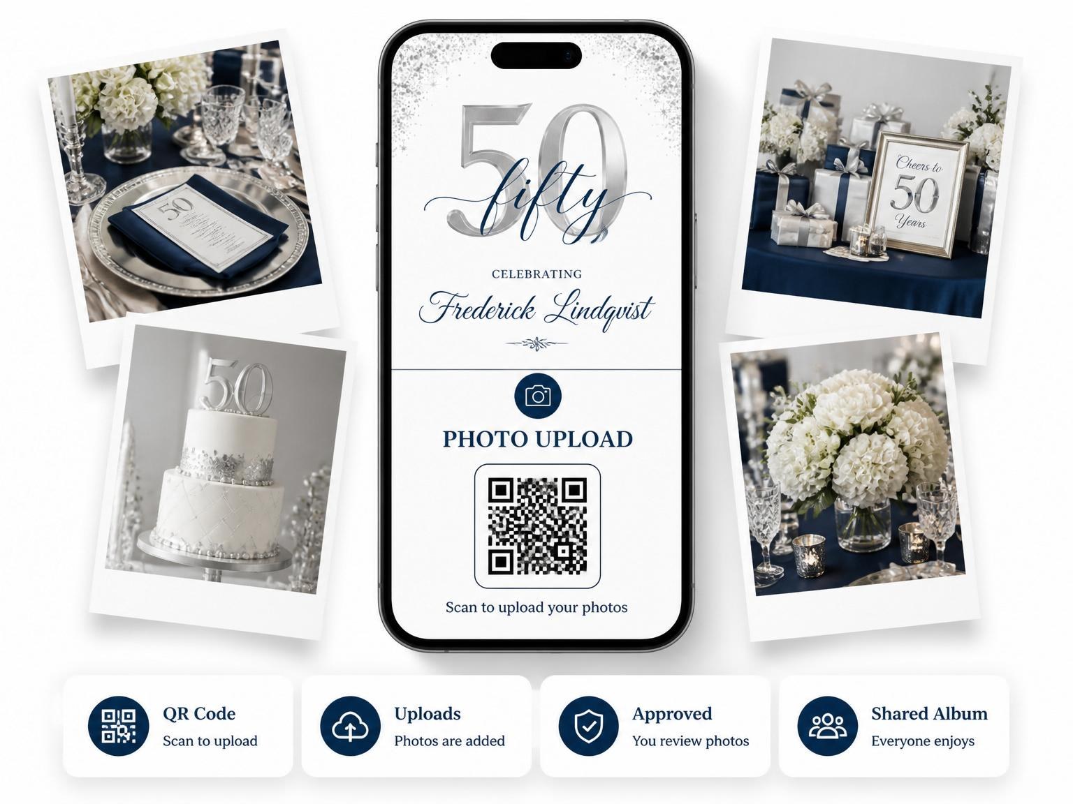 The shared photo gallery that comes with the Silver Glitter 50th Birthday Invitation invitation