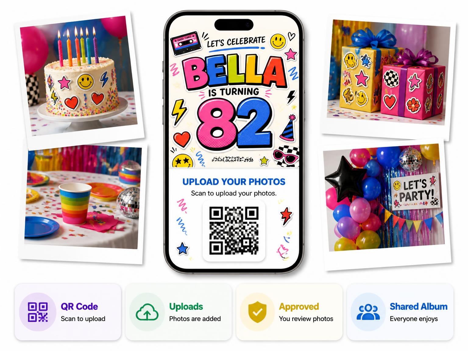 The shared photo gallery that comes with the 90s 82nd Birthday Invitation invitation