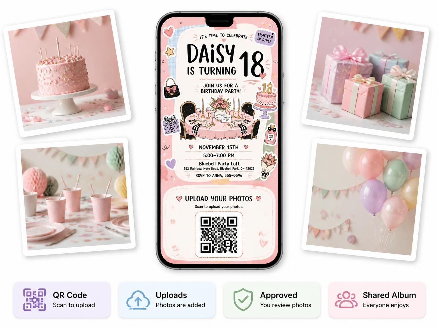 The shared photo gallery that comes with the Dinner Table Pastel 18th Birthday Invitation invitation