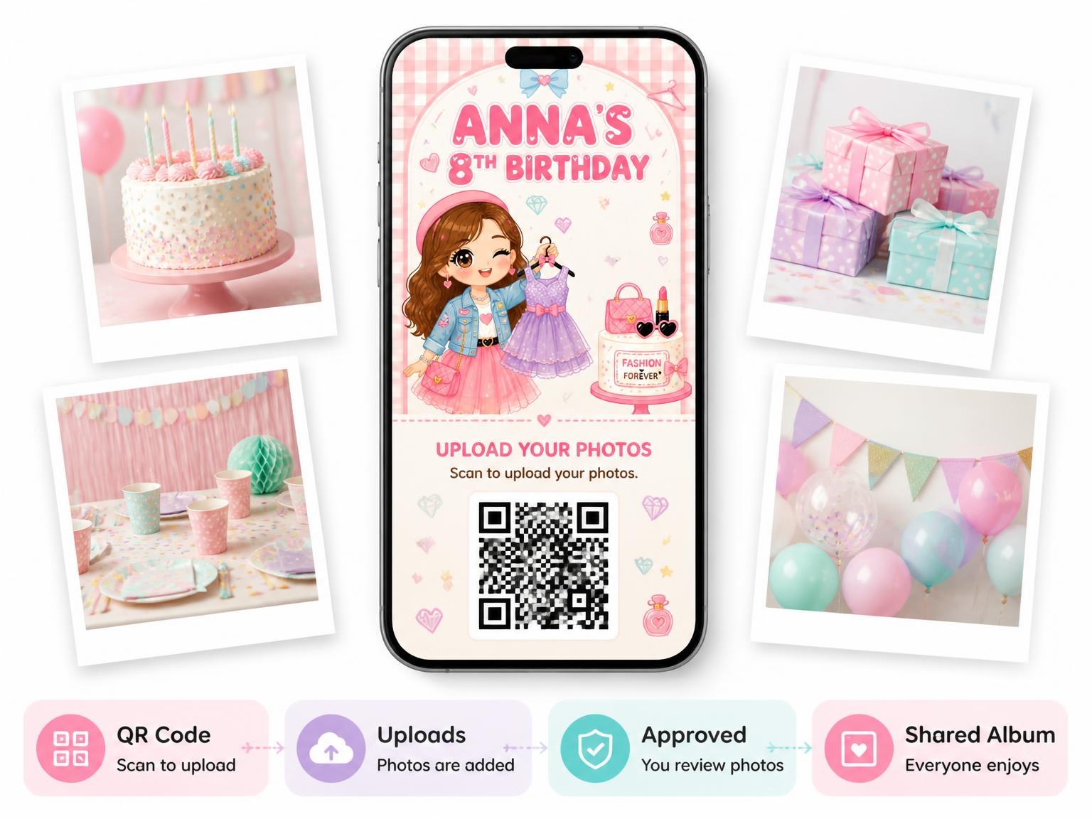 The shared photo gallery that comes with the Fashion Cake Kawaii 8th Birthday Invitation invitation