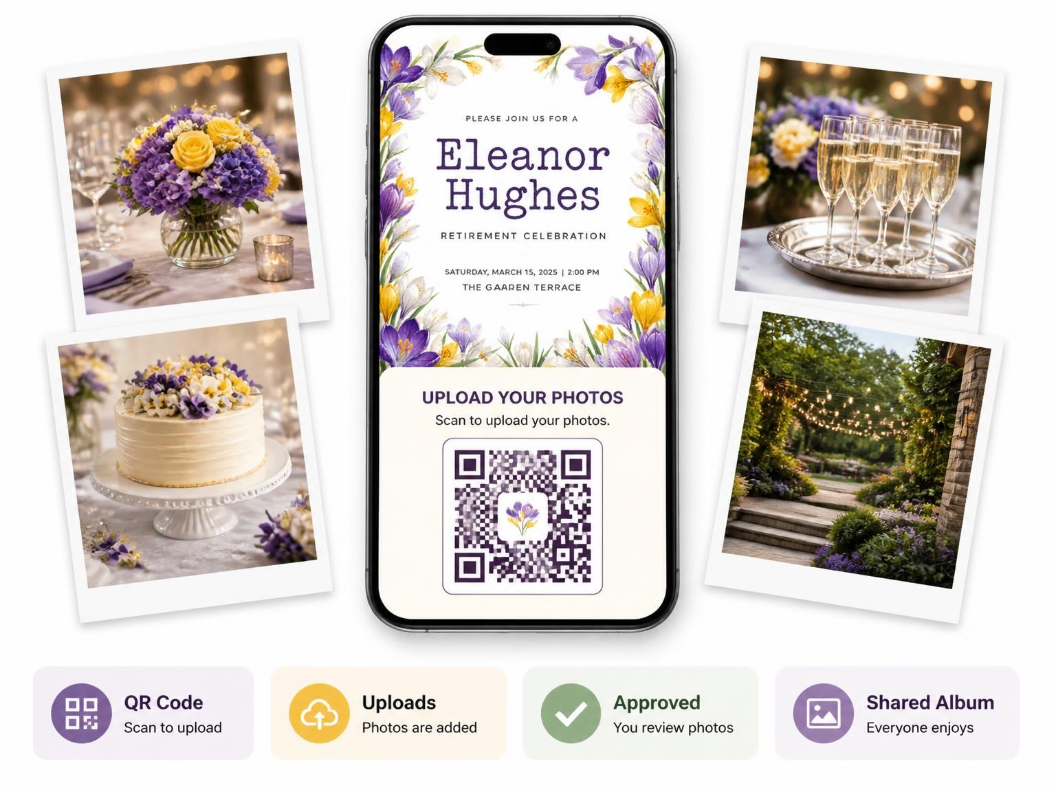 The shared photo gallery that comes with the Crocus Retirement Celebration Invitation invitation