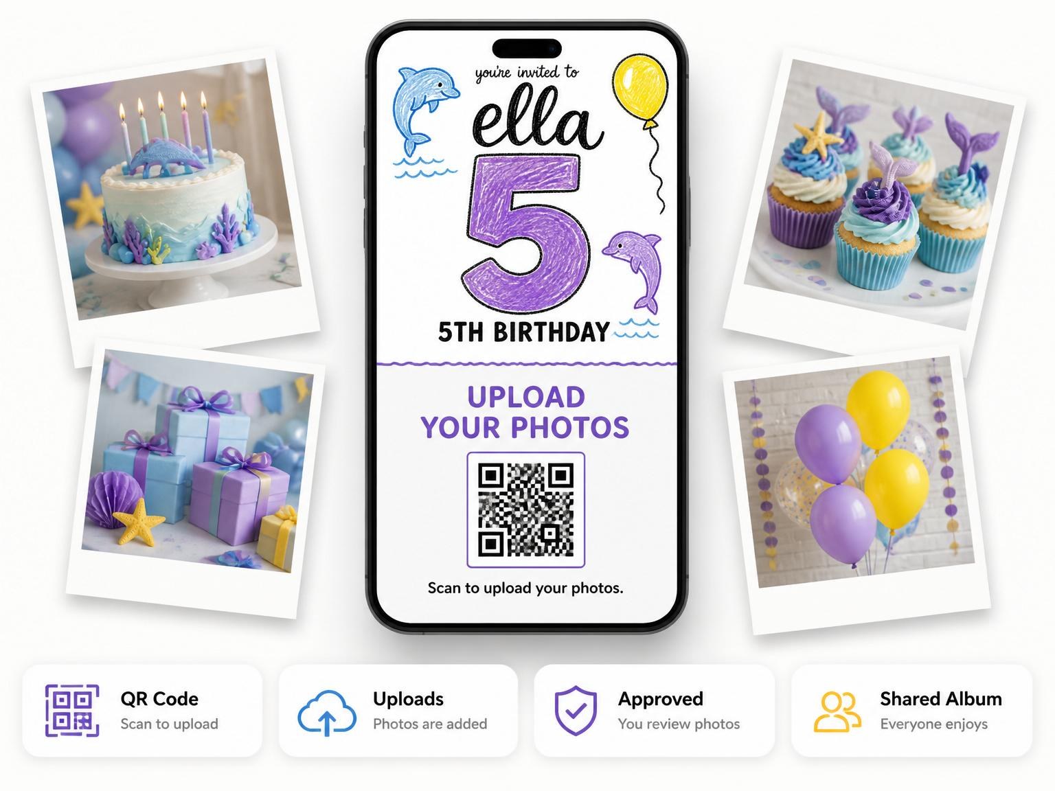 The shared photo gallery that comes with the Crayon Dolphin Ocean 5th Birthday invitation