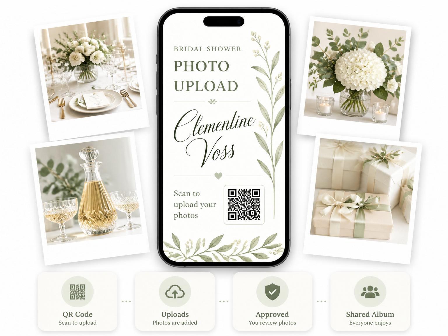 The shared photo gallery that comes with the Watercolor Botanical Cream Bridal Shower invitation