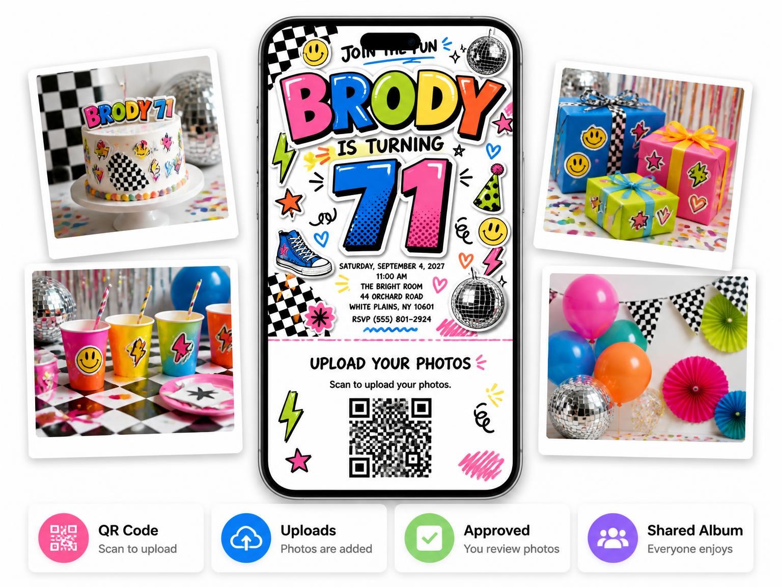 The shared photo gallery that comes with the Sticker Pop 71st Birthday Invitation invitation