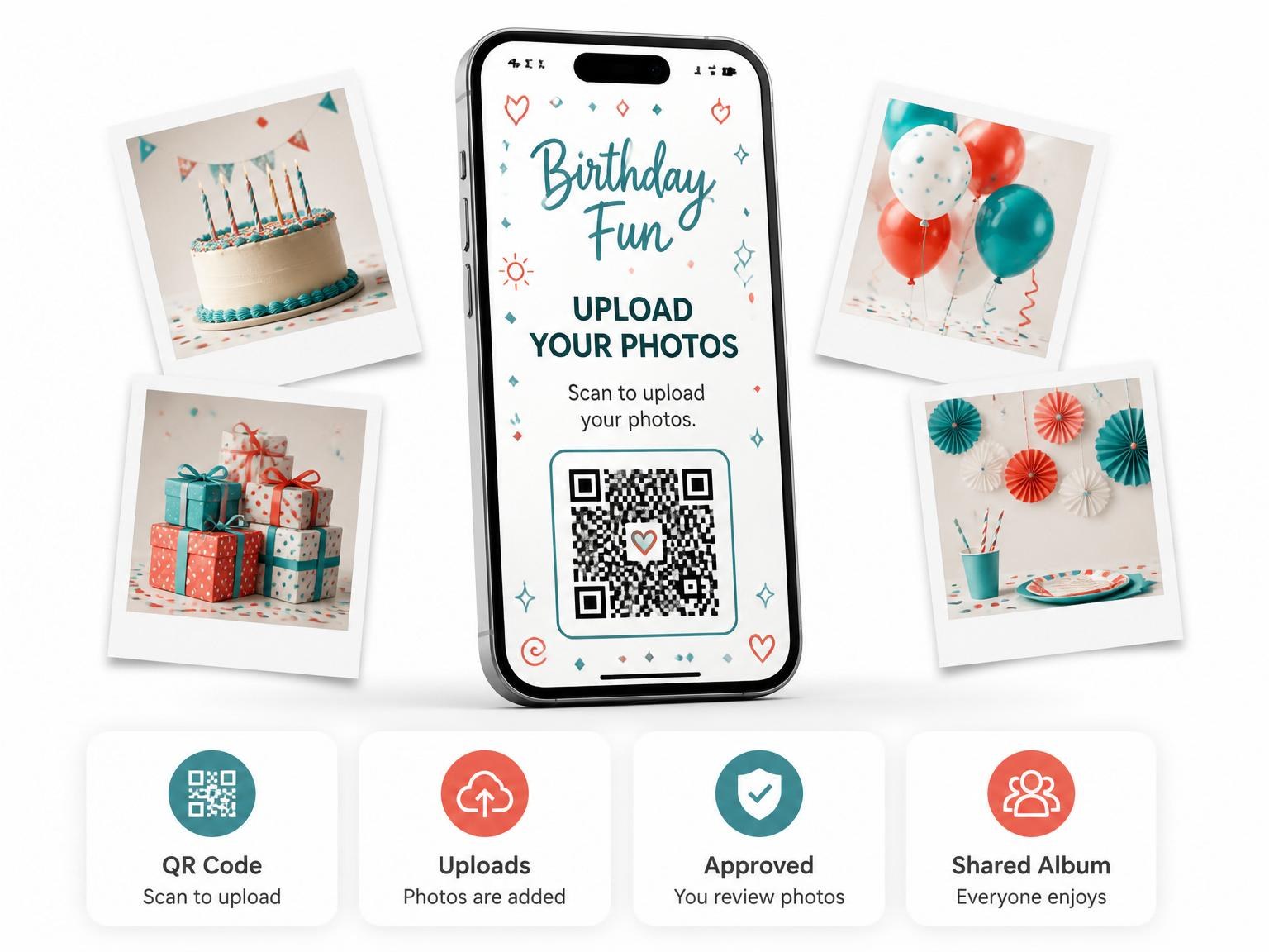 The shared photo gallery that comes with the Teal and Coral Doodle 7th Birthday invitation