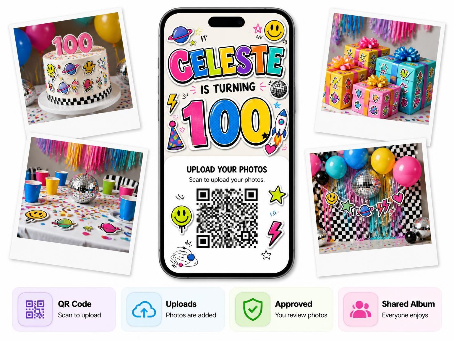 The shared photo gallery that comes with the Sticker Pop 100th Birthday Invitation invitation