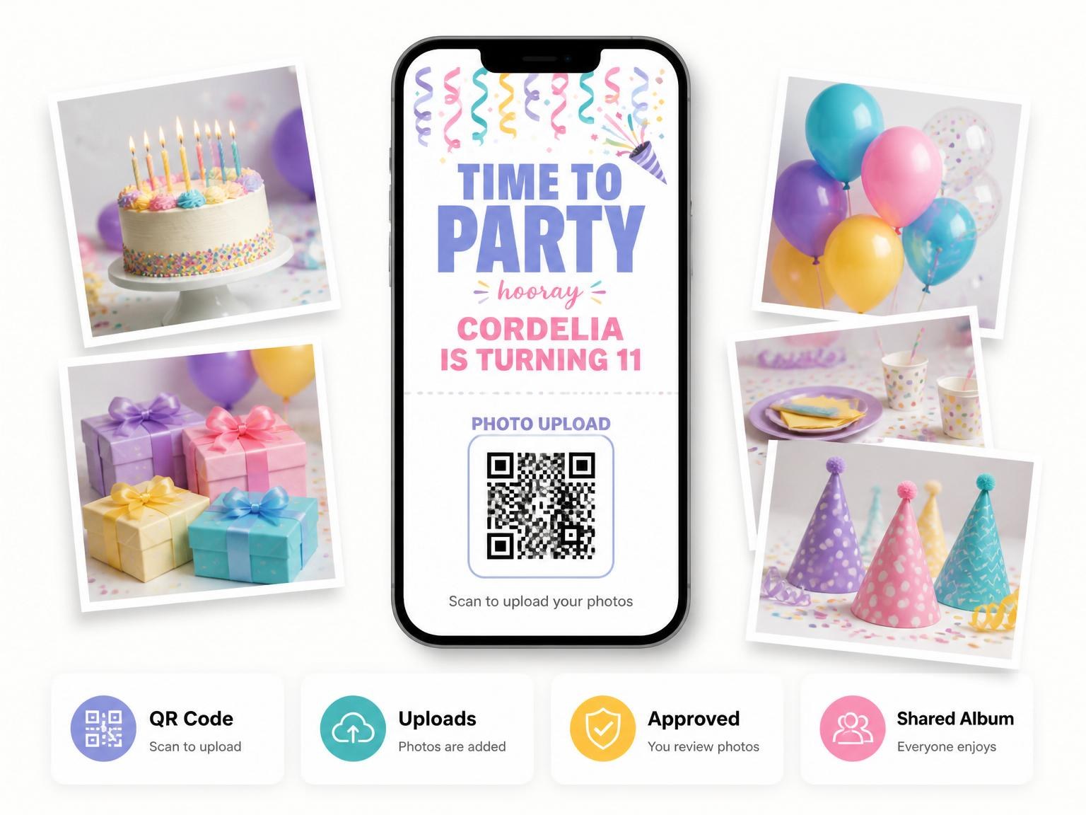 The shared photo gallery that comes with the Pastel Confetti Streamer Birthday Invitation invitation