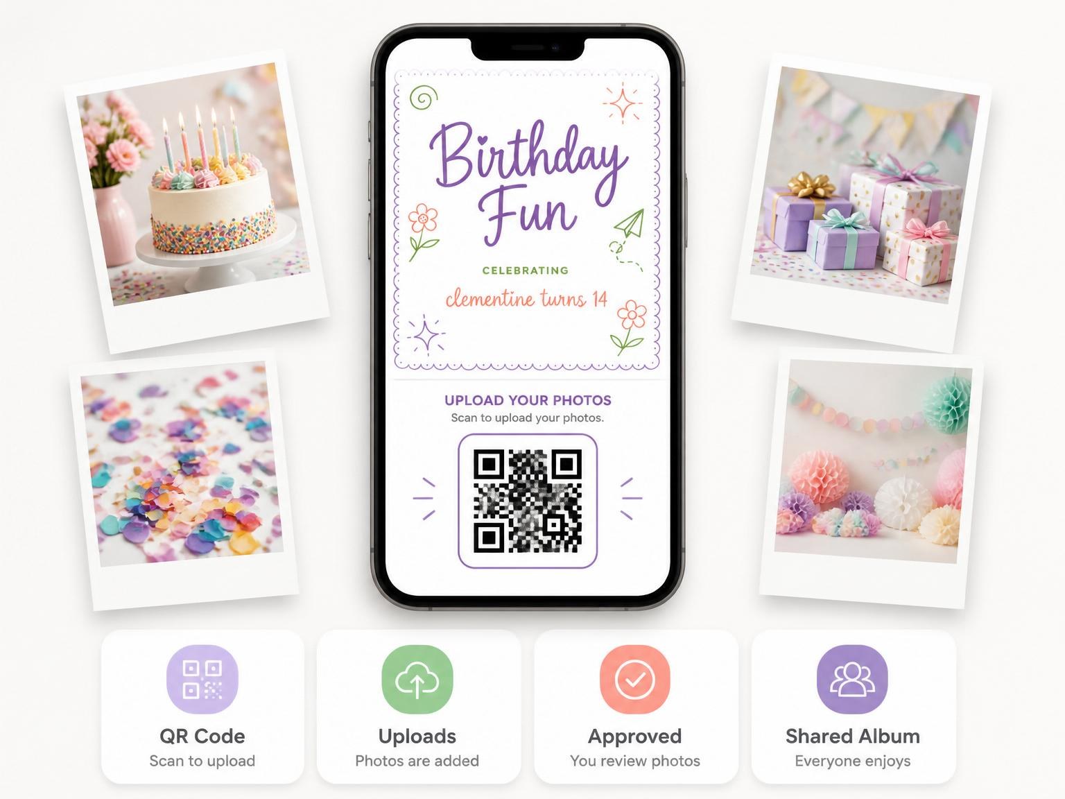 The shared photo gallery that comes with the Pastel Spiral Doodle 14th Birthday Invitation invitation