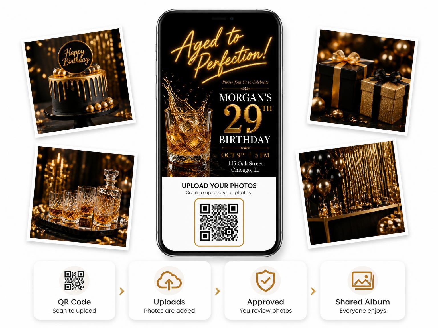 The shared photo gallery that comes with the Crystal Whiskey 29th Birthday Invitation invitation