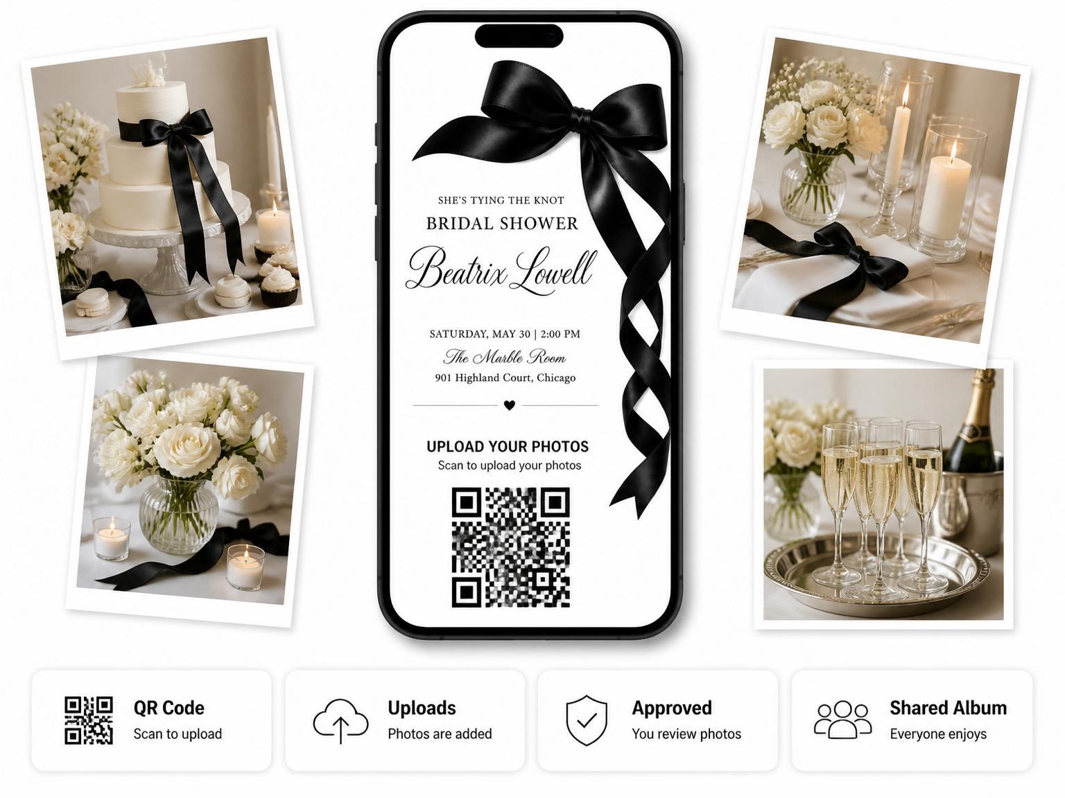 The shared photo gallery that comes with the Black Silk Ribbon Bridal Shower invitation