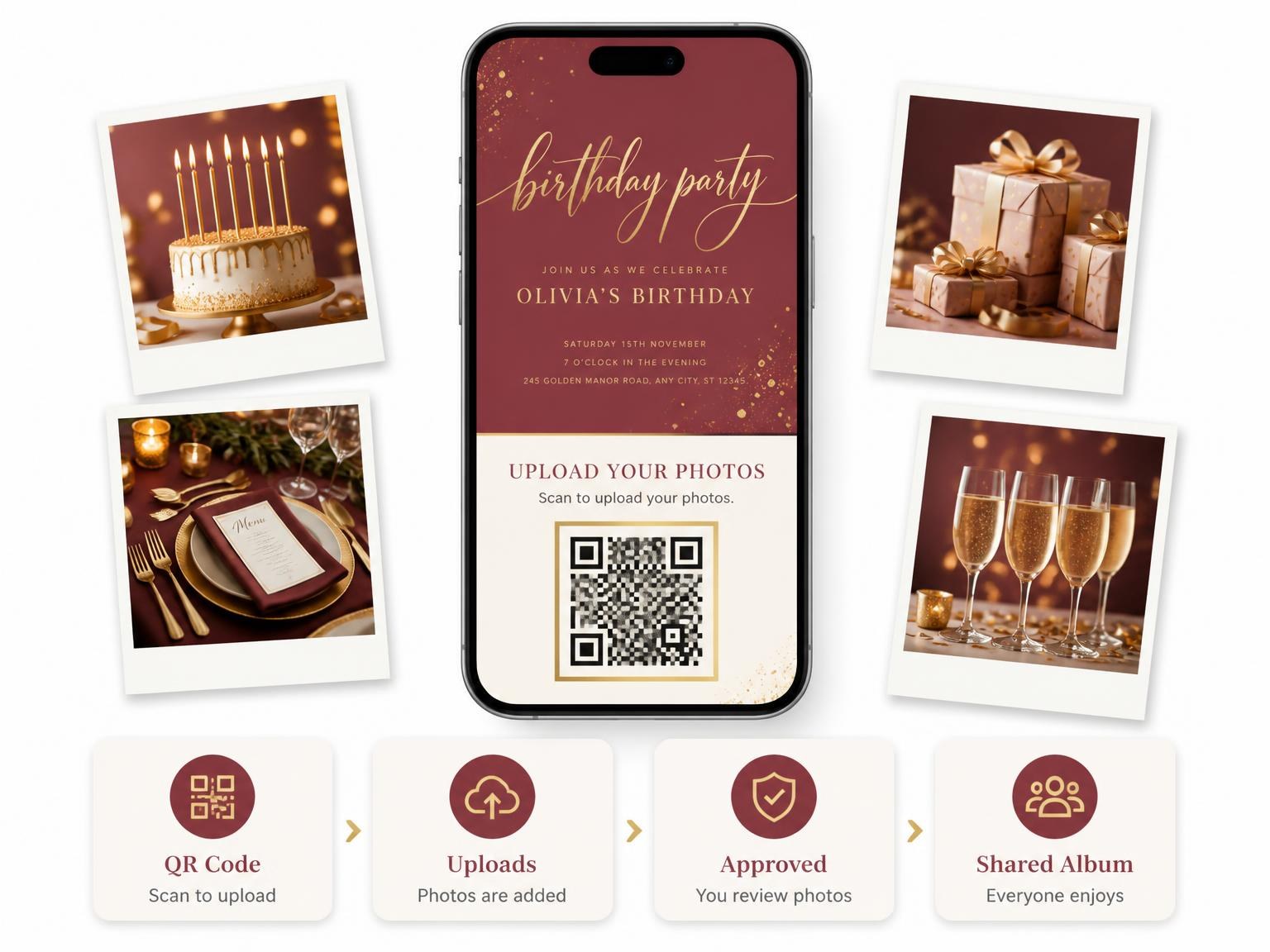 The shared photo gallery that comes with the Deep Rose and Gold Birthday Invitation invitation