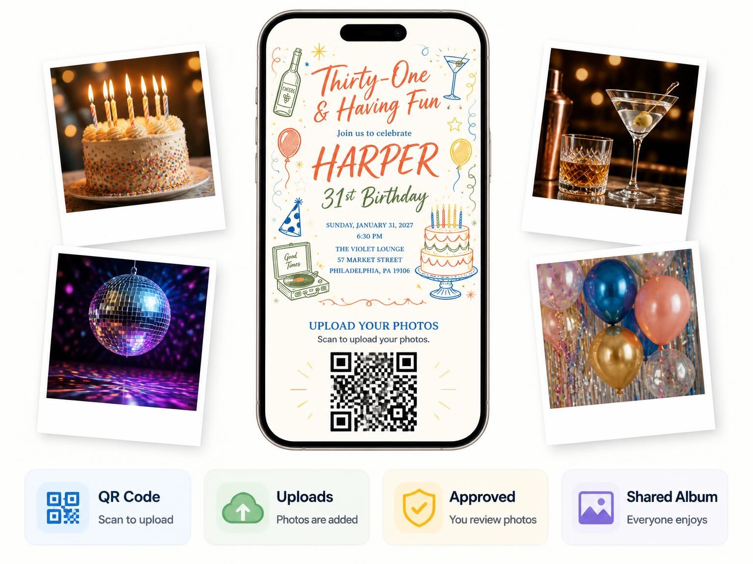 The shared photo gallery that comes with the Retro Doodle 31st Birthday Invitation invitation