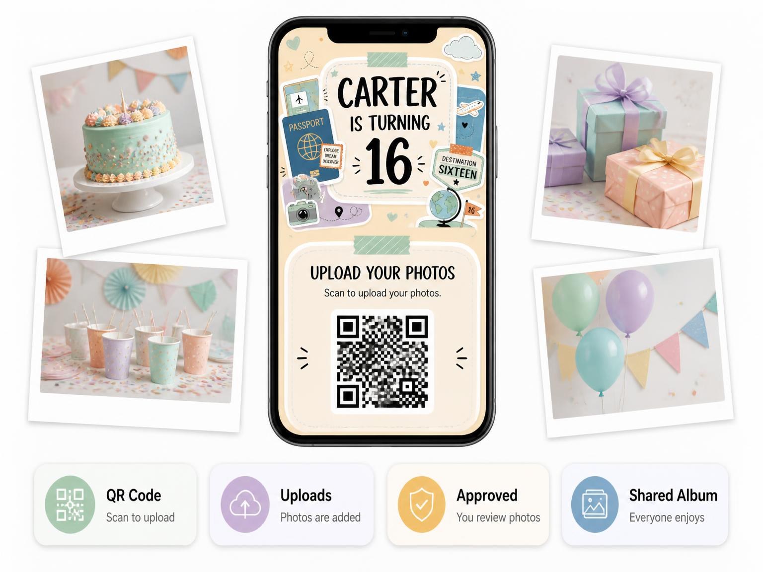 The shared photo gallery that comes with the Book Stamp Pastel 16th Birthday Invitation invitation