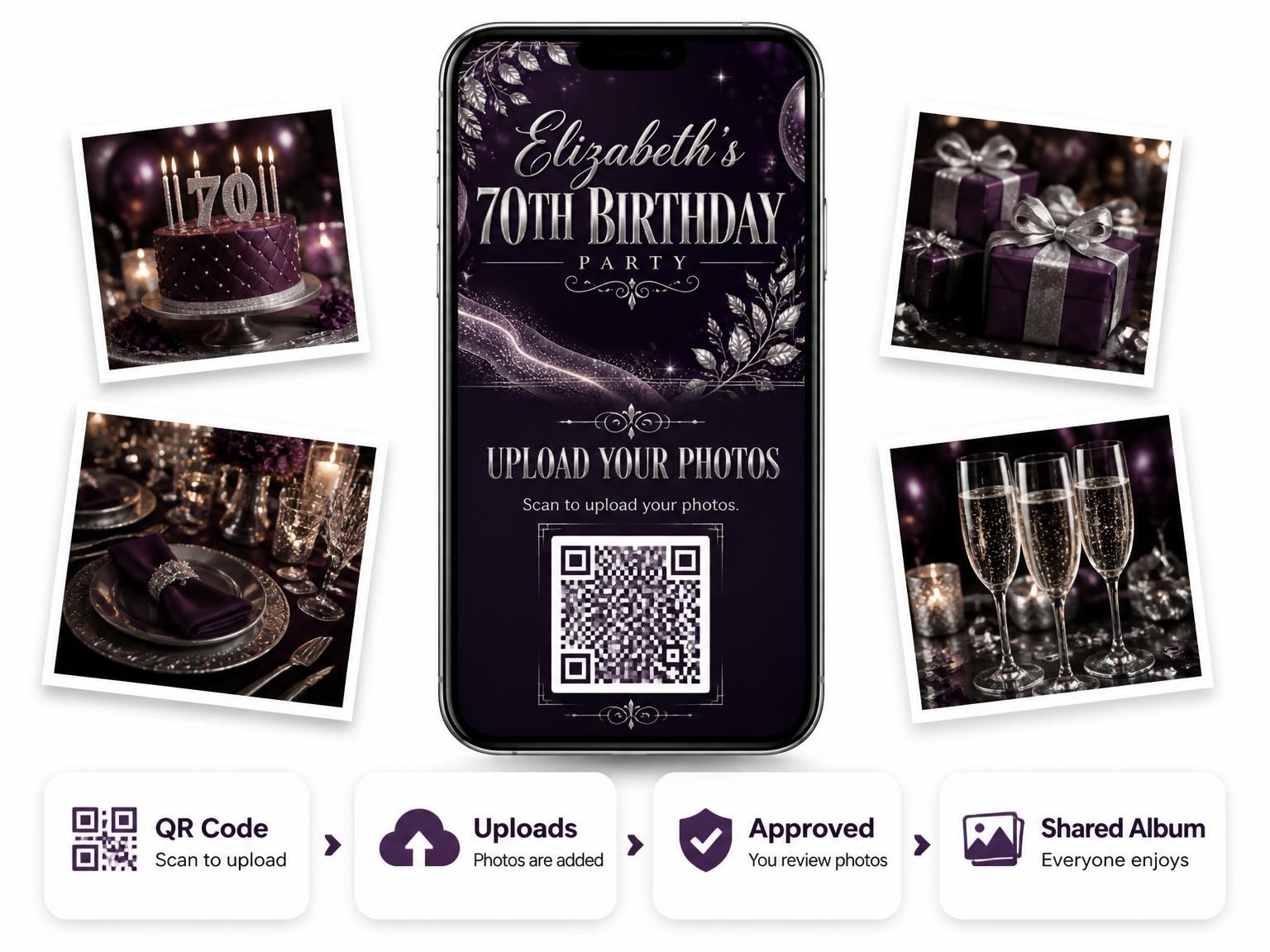 The shared photo gallery that comes with the Plum and Silver 70th Birthday Invitation invitation