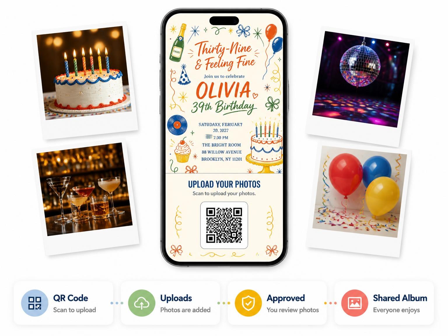 The shared photo gallery that comes with the Retro Doodle 39th Birthday Invitation invitation