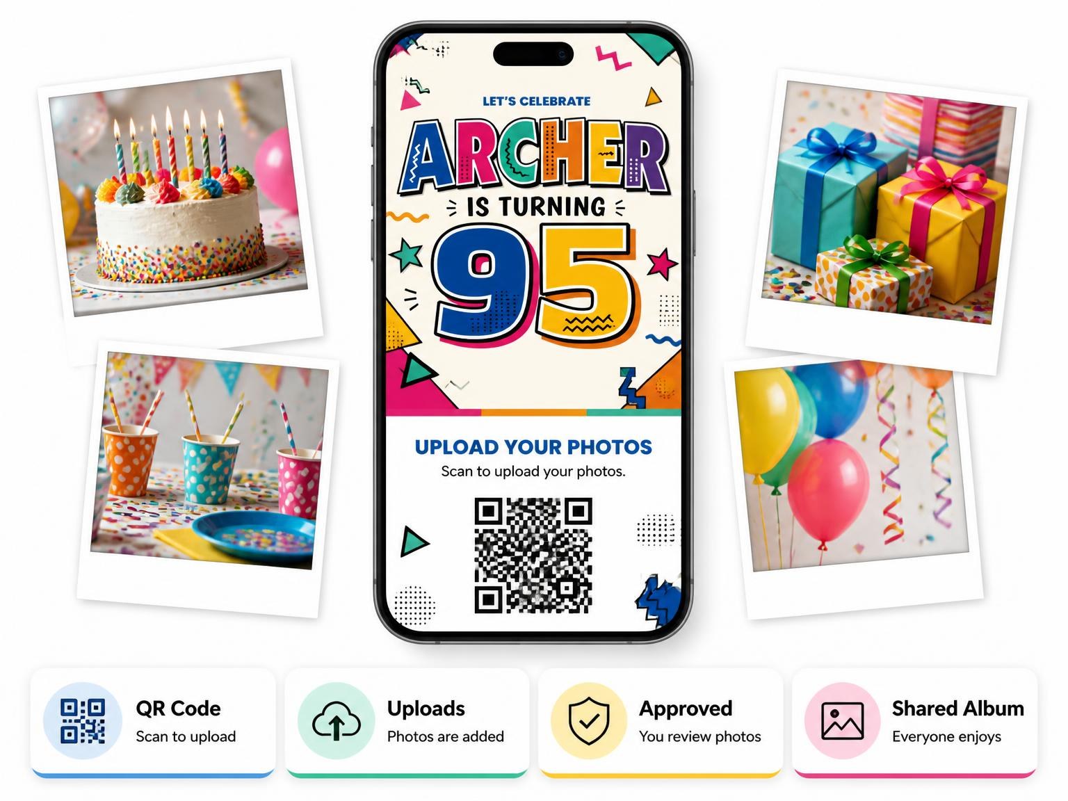 The shared photo gallery that comes with the Memphis Pop 95th Birthday Invitation invitation