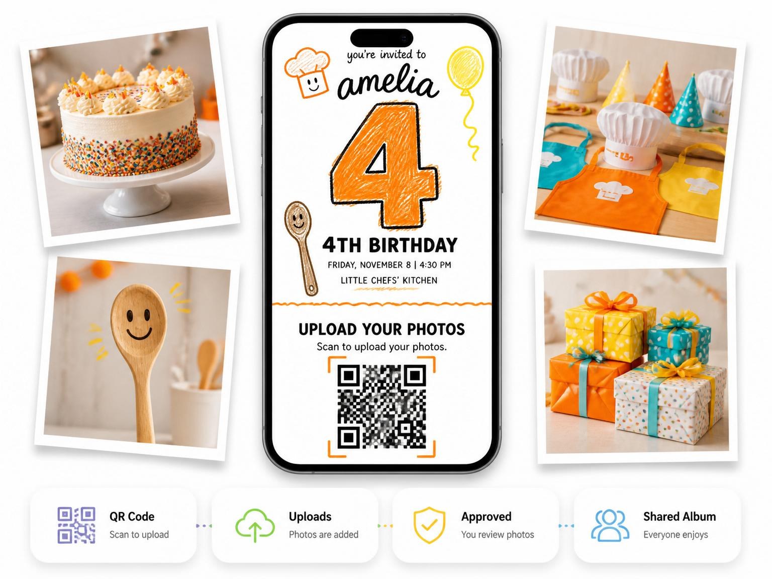The shared photo gallery that comes with the Crayon Baking Kids Birthday Invitation invitation