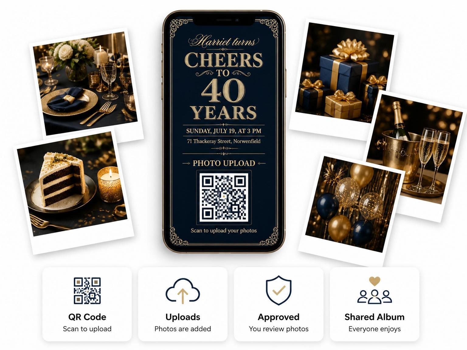 The shared photo gallery that comes with the Navy Cream Vintage Border 40th Birthday invitation