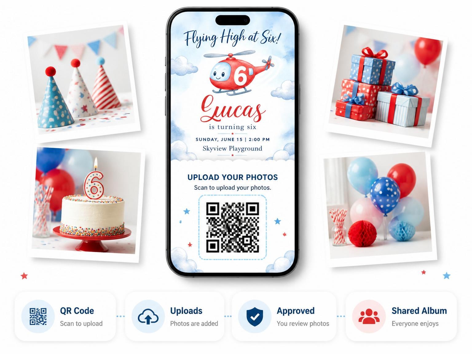 The shared photo gallery that comes with the Red Helicopter Sky 6th Birthday Invitation invitation