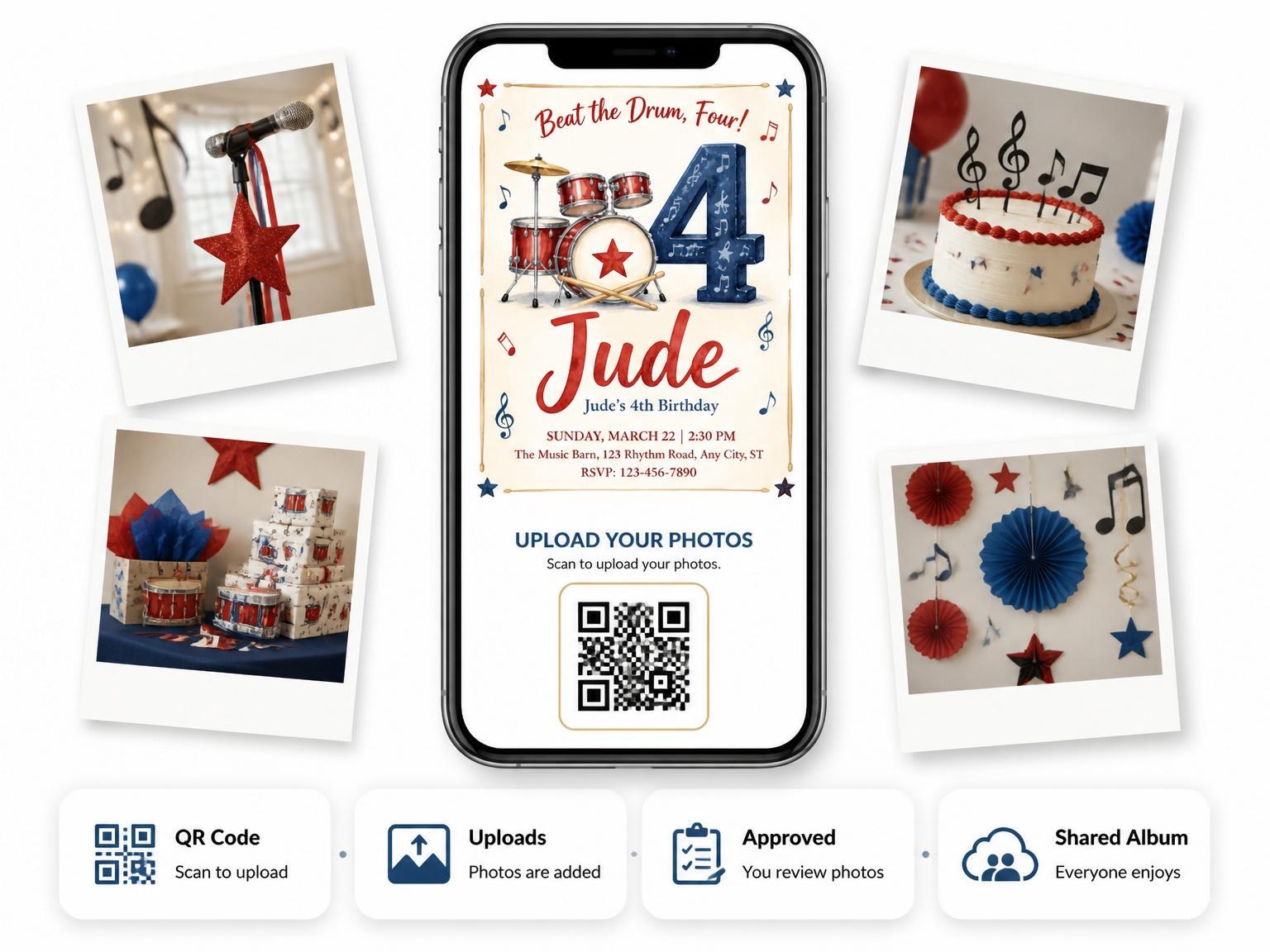 The shared photo gallery that comes with the Red White Blue Drum 4th Birthday invitation