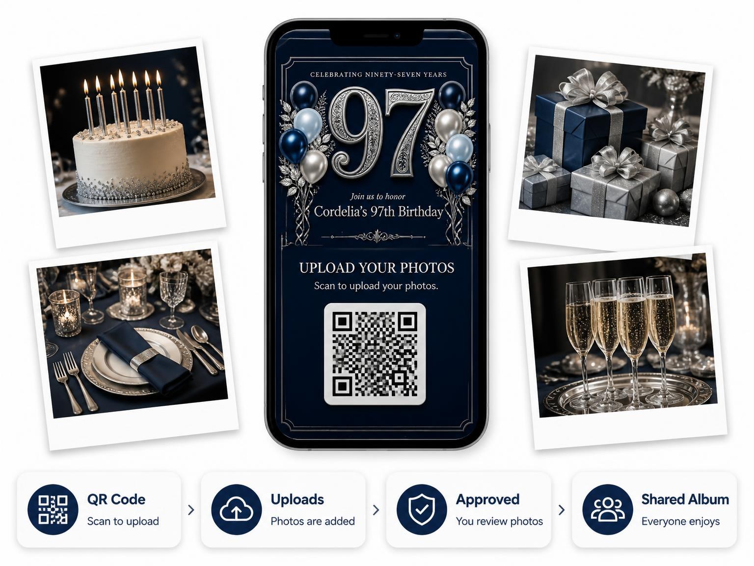 The shared photo gallery that comes with the Navy and Silver 97th Birthday Invitation invitation