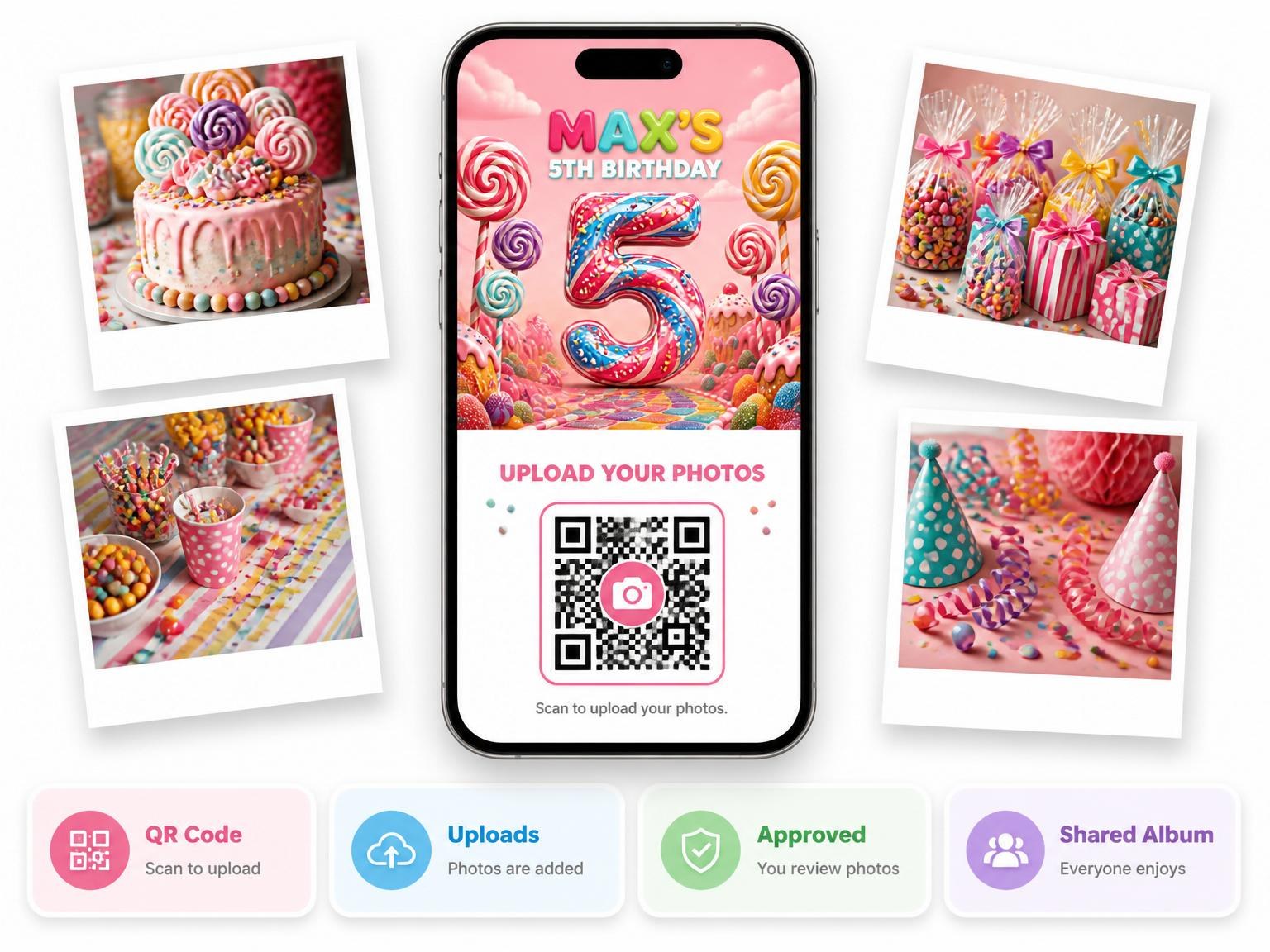 The shared photo gallery that comes with the Candy Land 5th Birthday Invitation invitation