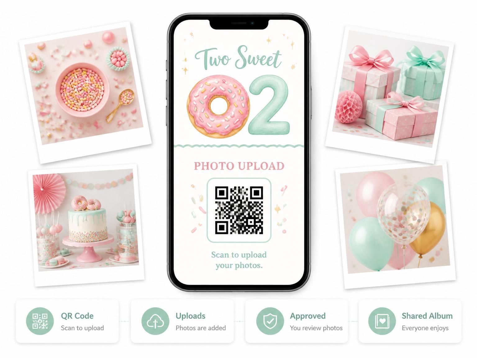 The shared photo gallery that comes with the Pink Donut Pastel 2nd Birthday invitation