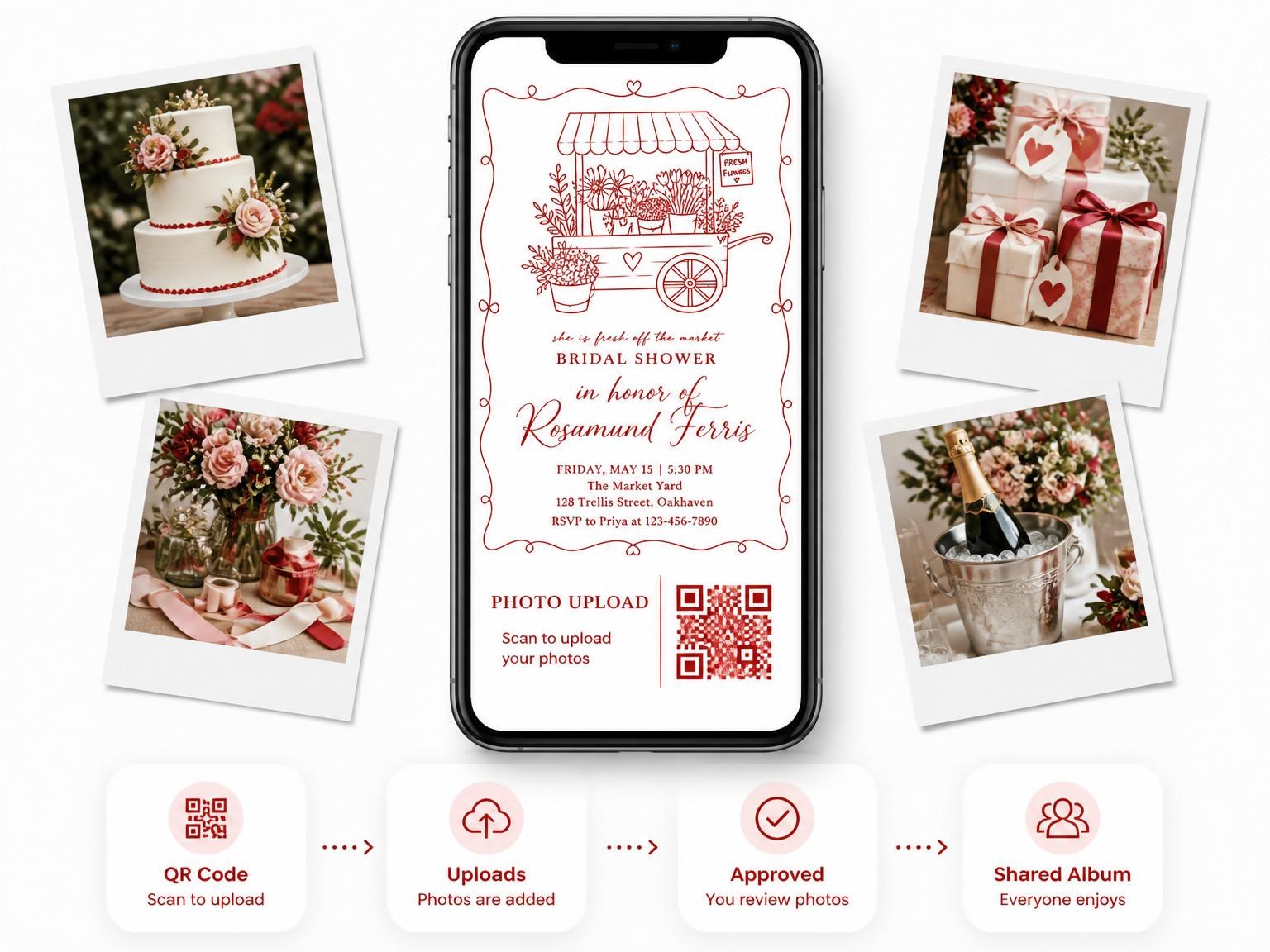 The shared photo gallery that comes with the Red Line Art Flower Market Bridal Shower invitation