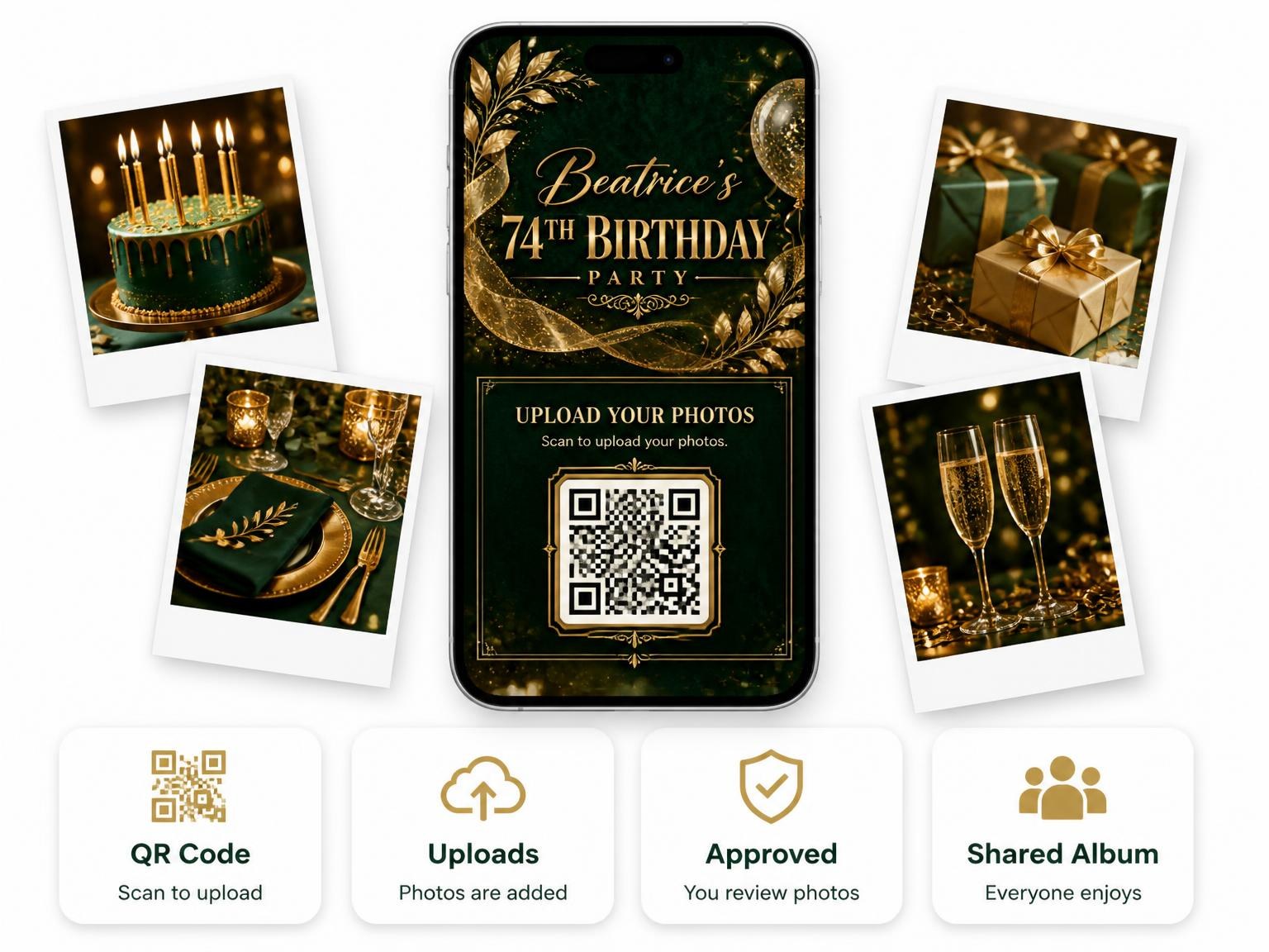 The shared photo gallery that comes with the Emerald and Champagne 74th Birthday Invitation invitation
