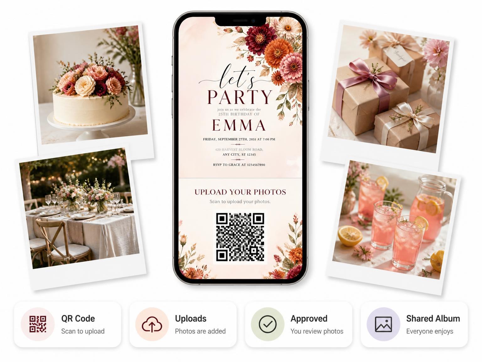 The shared photo gallery that comes with the Autumn Zinnia Arch 25th Birthday Invitation invitation