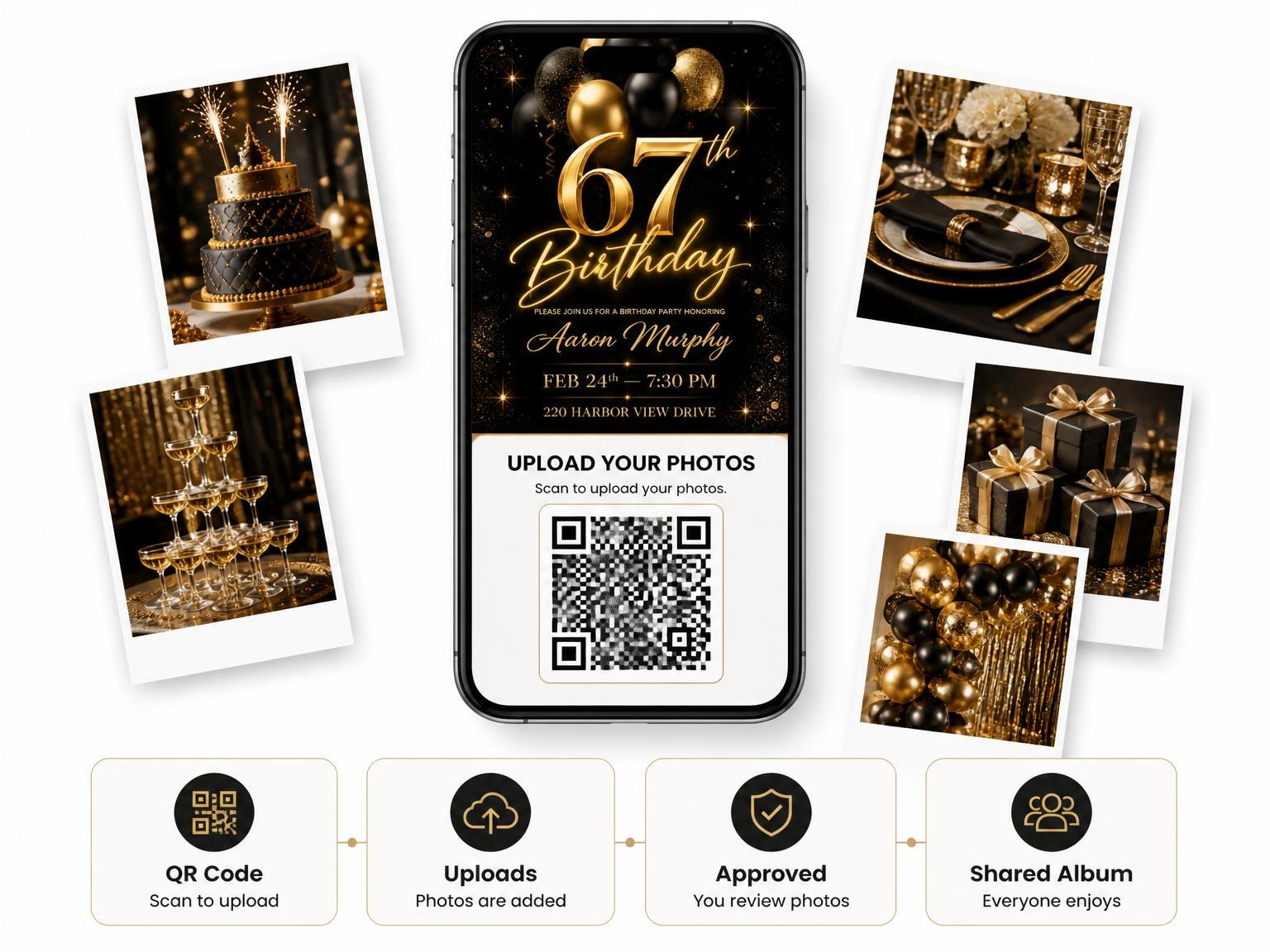 The shared photo gallery that comes with the Black and Gold Balloon 67th Birthday invitation