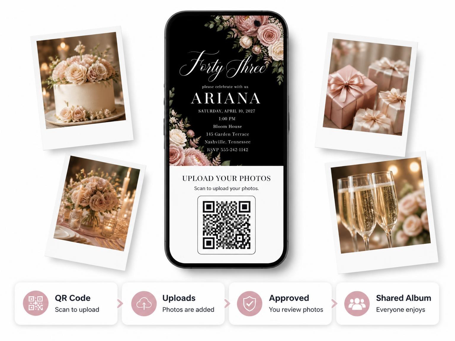 The shared photo gallery that comes with the Black Floral 43rd Birthday Invitation invitation