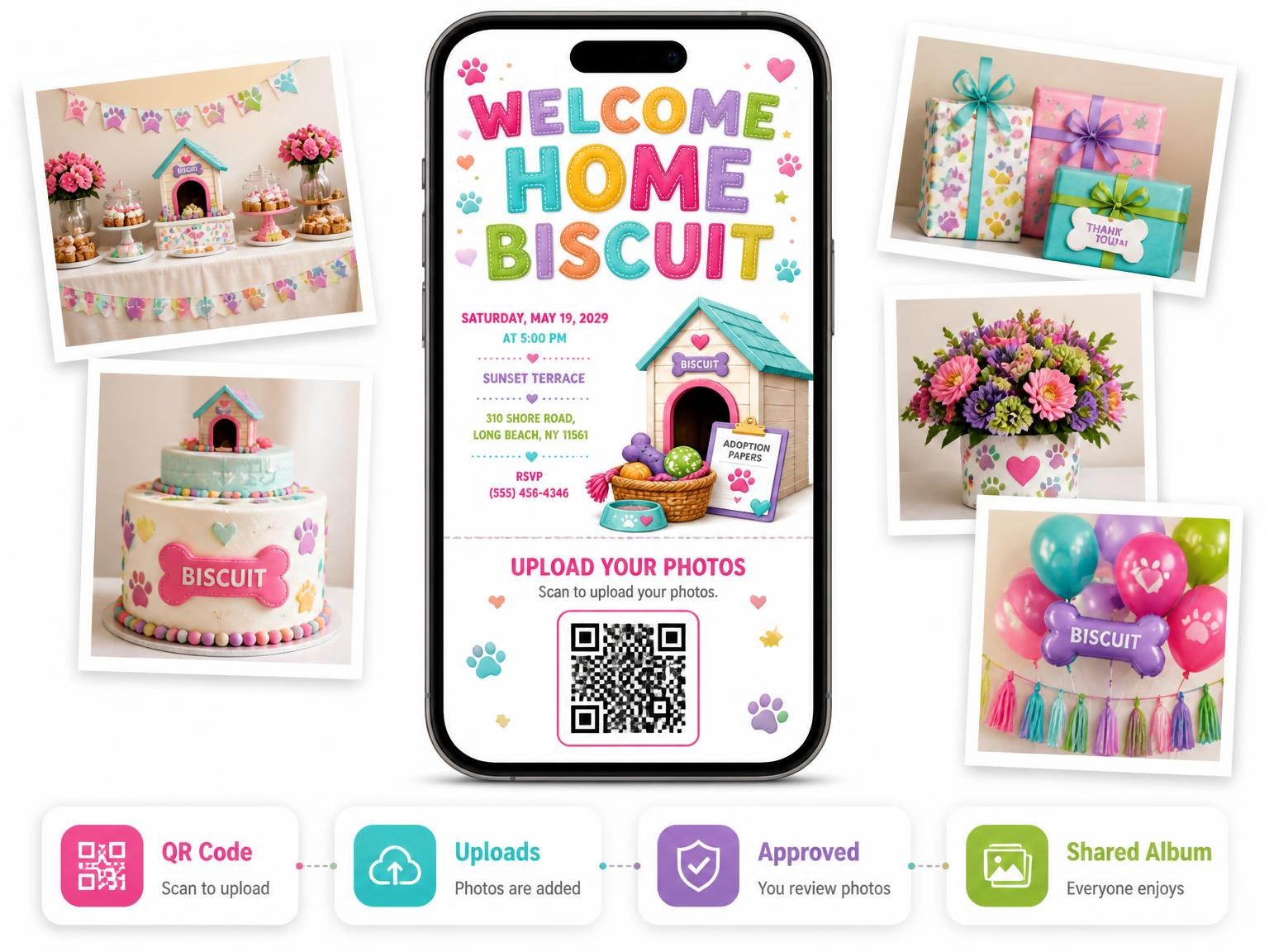 The shared photo gallery that comes with the Puppy Pet Adoption Party Invitation invitation