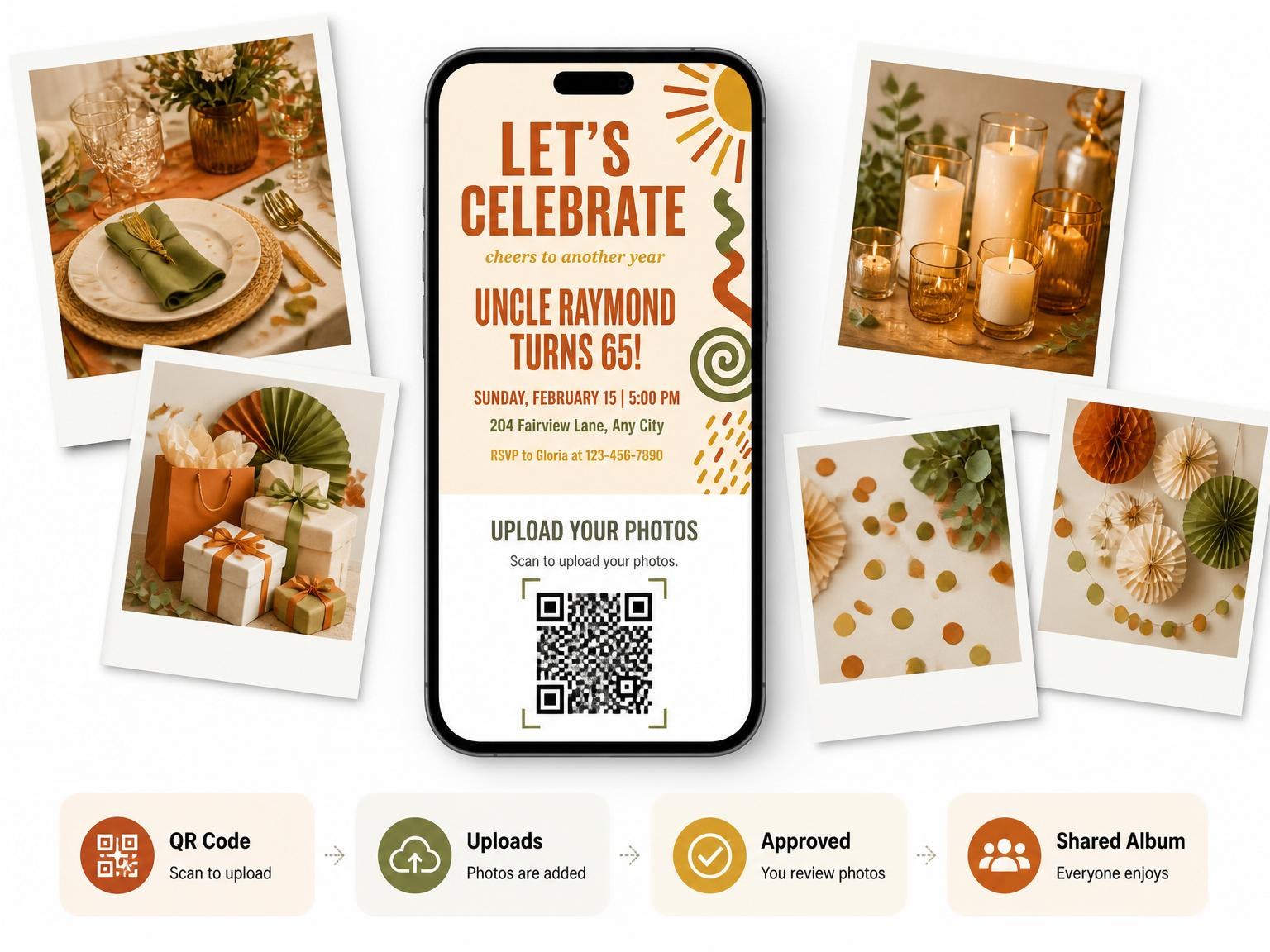 The shared photo gallery that comes with the Terracotta Sage Abstract Birthday Invitation invitation