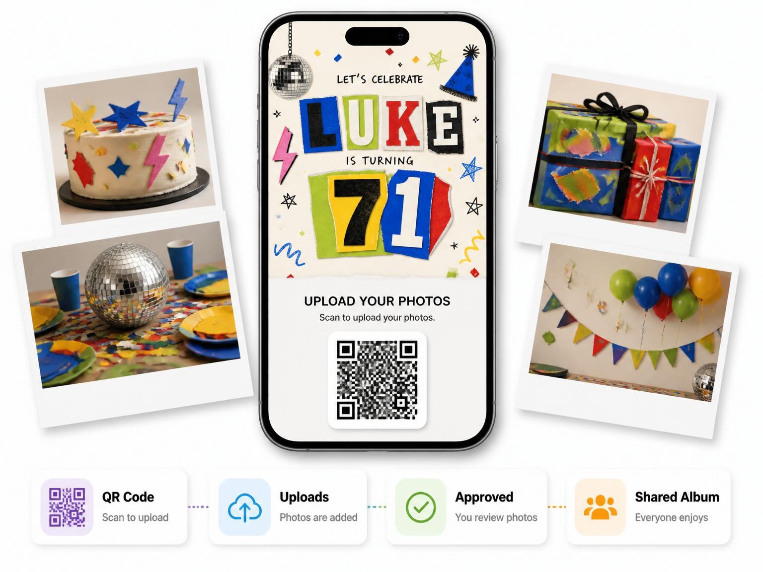 The shared photo gallery that comes with the Retro Paper Collage 71st Birthday Invitation invitation
