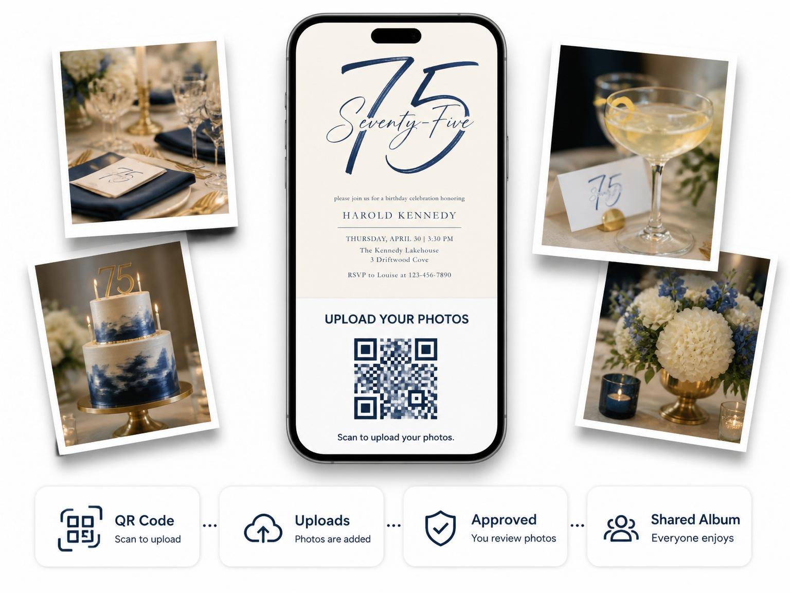 The shared photo gallery that comes with the Navy Brush Script 75th Birthday invitation