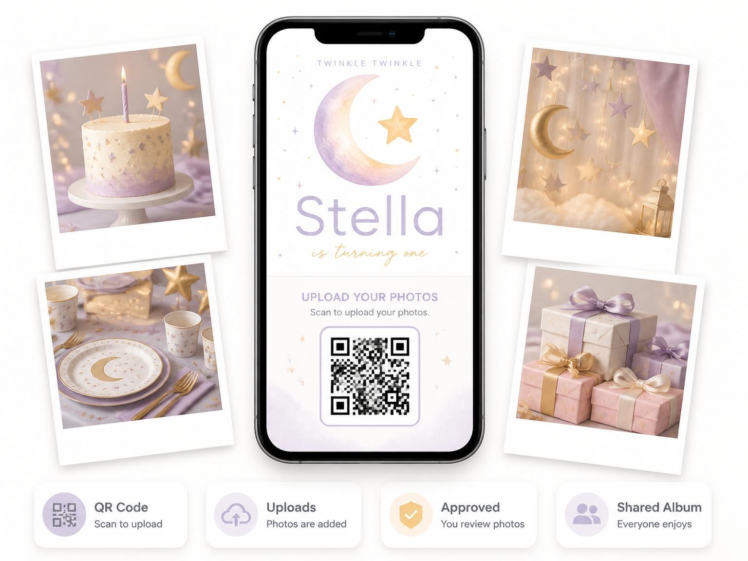 The shared photo gallery that comes with the Watercolor Moon and Star First Birthday invitation