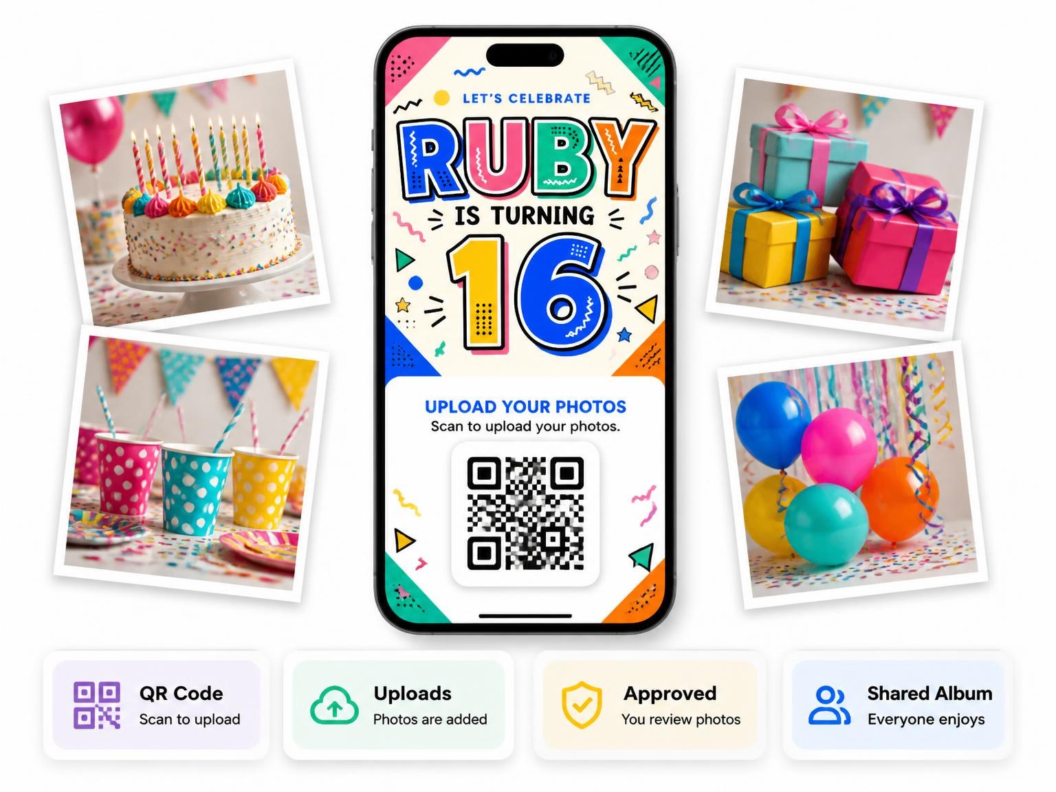The shared photo gallery that comes with the Memphis Pop 16th Birthday Invitation invitation