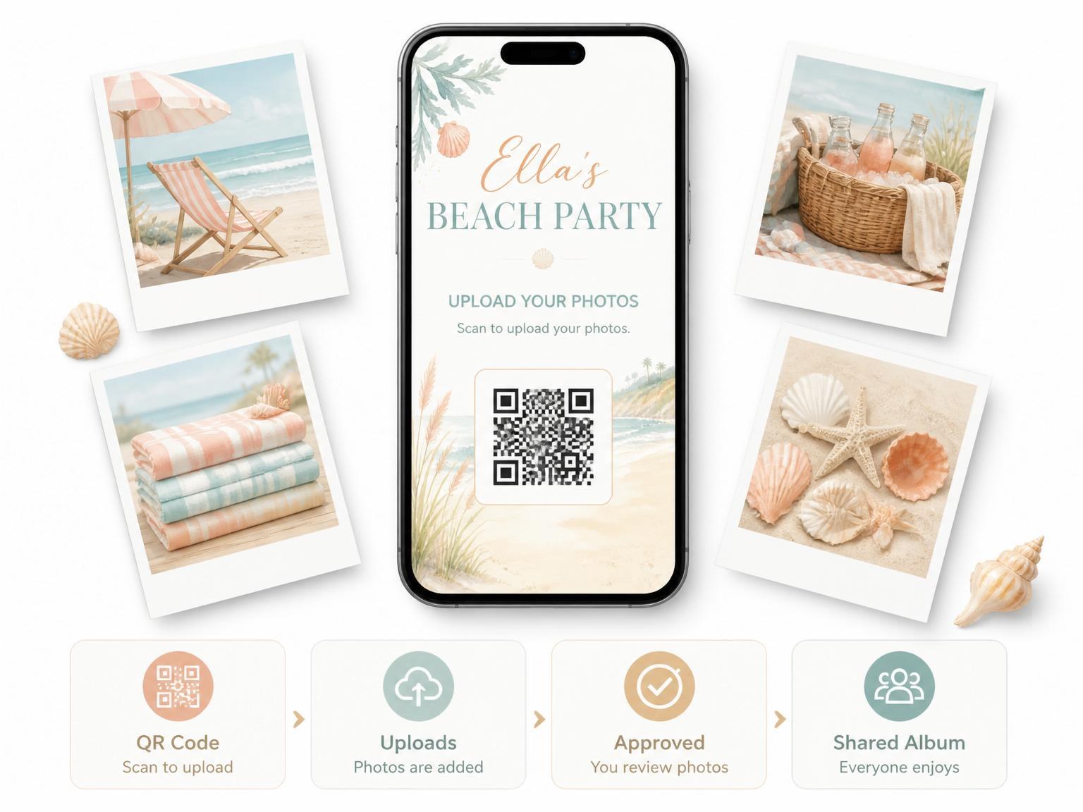 The shared photo gallery that comes with the Watercolor Coastal Shore Beach Party invitation