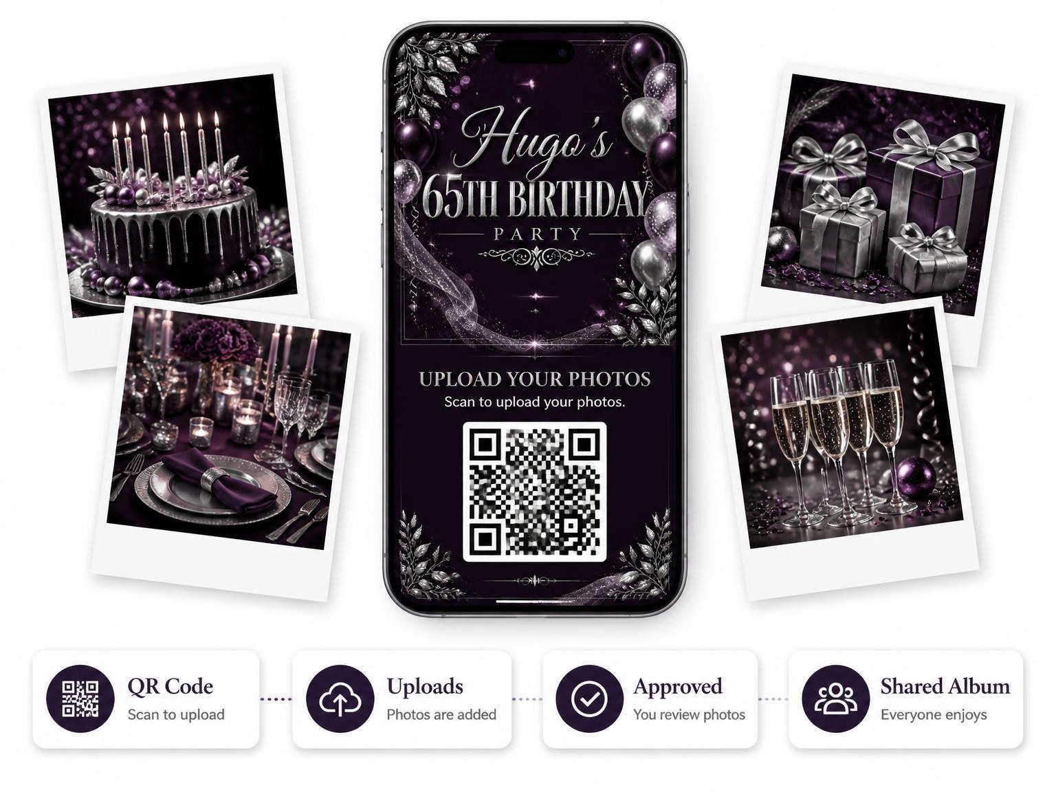 The shared photo gallery that comes with the Plum and Silver 65th Birthday Invitation invitation