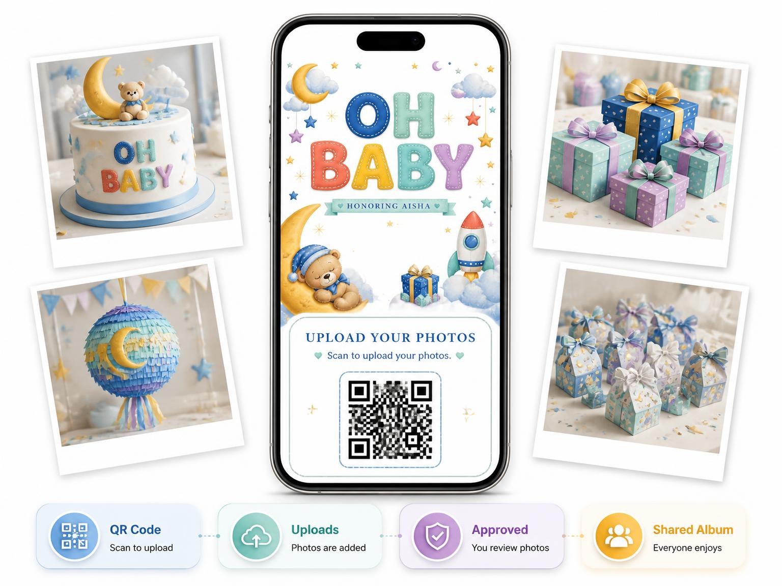 The shared photo gallery that comes with the Gift Boxes Baby Shower Invitation invitation