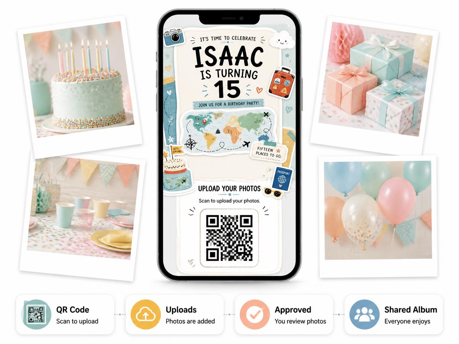 The shared photo gallery that comes with the Vintage Camera Pastel 15th Birthday Invitation invitation
