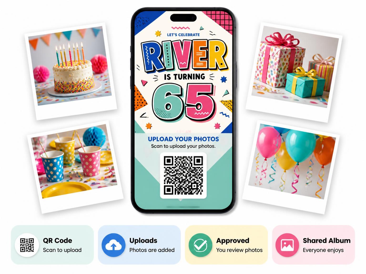 The shared photo gallery that comes with the Memphis Pop 65th Birthday Invitation invitation