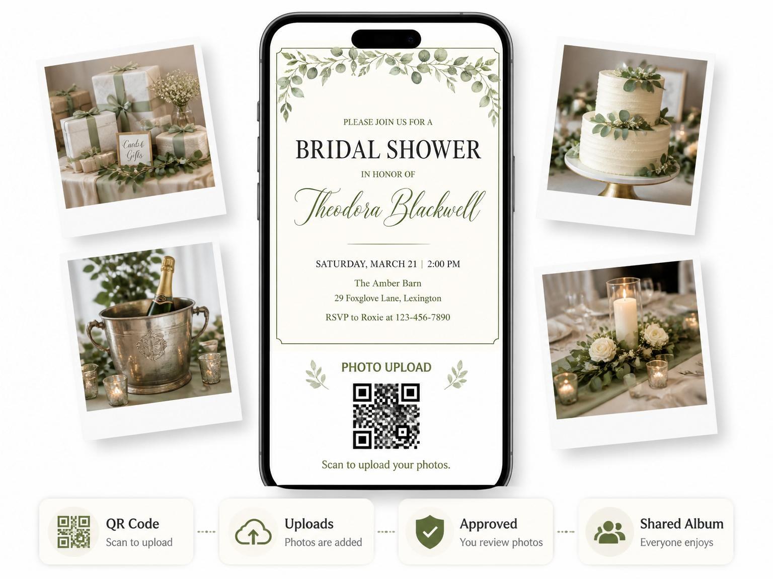 The shared photo gallery that comes with the Watercolor Eucalyptus Leaf Bridal Shower invitation