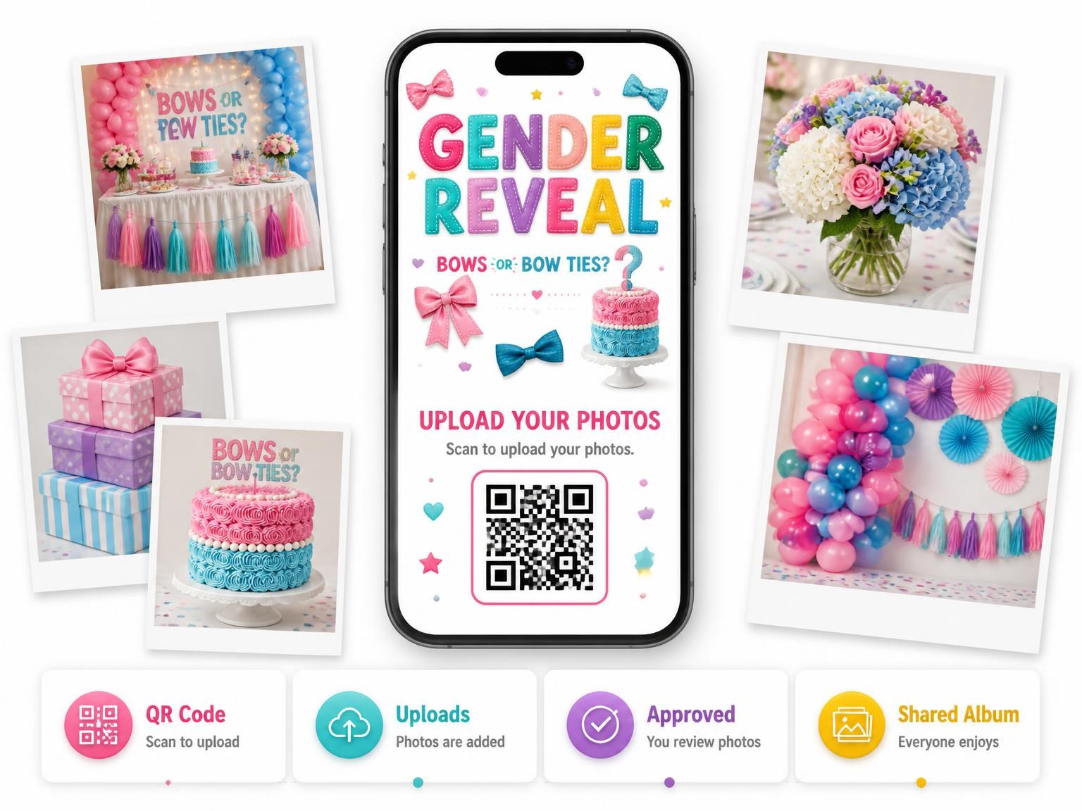 The shared photo gallery that comes with the Bows Or Bow Ties Gender Reveal Invitation invitation
